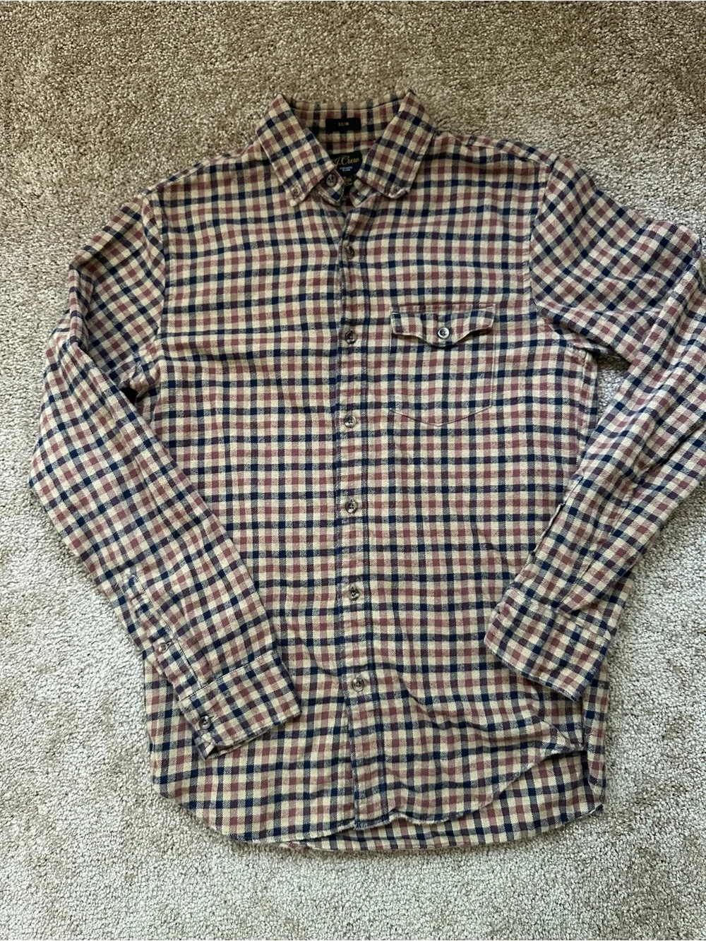 J. Crew Men's Plaid Button-Up Shirt in Brown and Navy - Cotton/Cashmere Blend